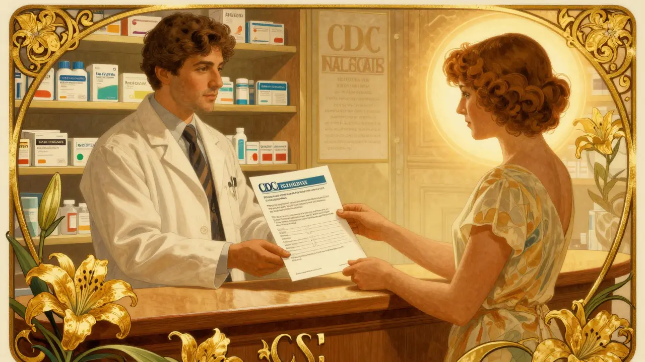 Person handing a CDC guide to a pharmacist, with naloxone kits visible on a floral-adorned shelf.
