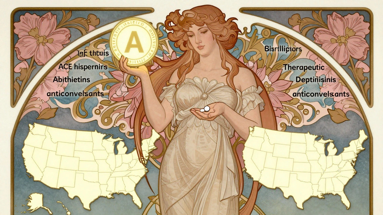 Personification of therapeutic equivalence offers a generic drug amid stylized drug class motifs.