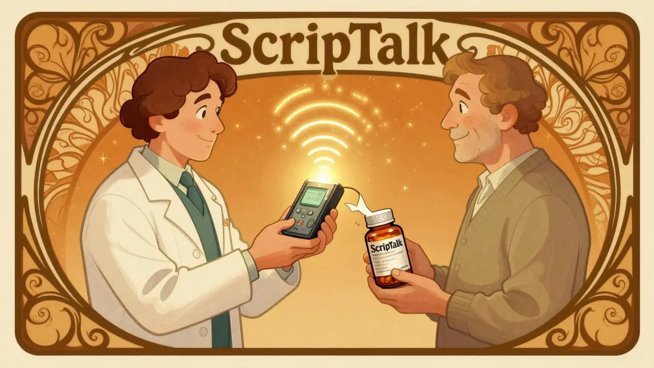 Pharmacist giving a handheld audio reader to a customer, with a large label peeling off a pill bottle in an ornate Art Nouveau setting.