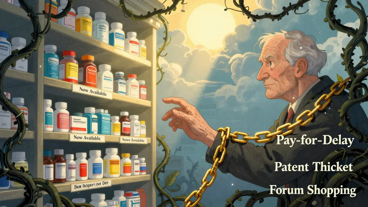 Pharmacy shelf with affordable generics vs. dark vines of legal delays, an elderly hand reaching out as chains pull back.