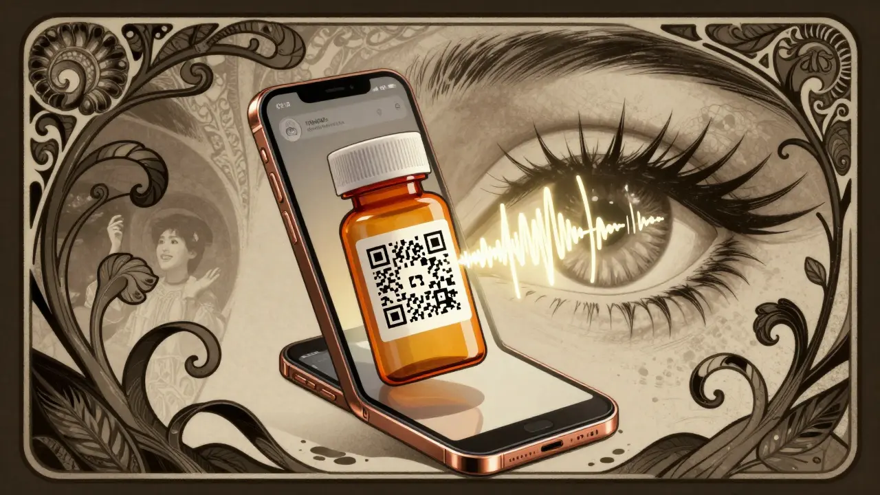 Smartphone scanning a QR code that becomes a sound wave, with an eye-shaped vine design nearby, symbolizing accessible medication info.