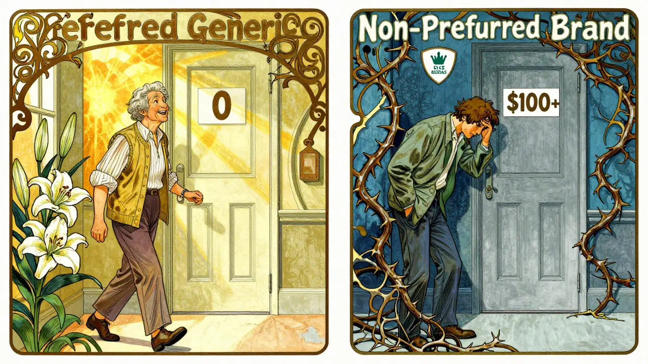 Split hallway scene: one path leads to affordable generics with sunlight, the other to expensive brands entangled in thorns.
