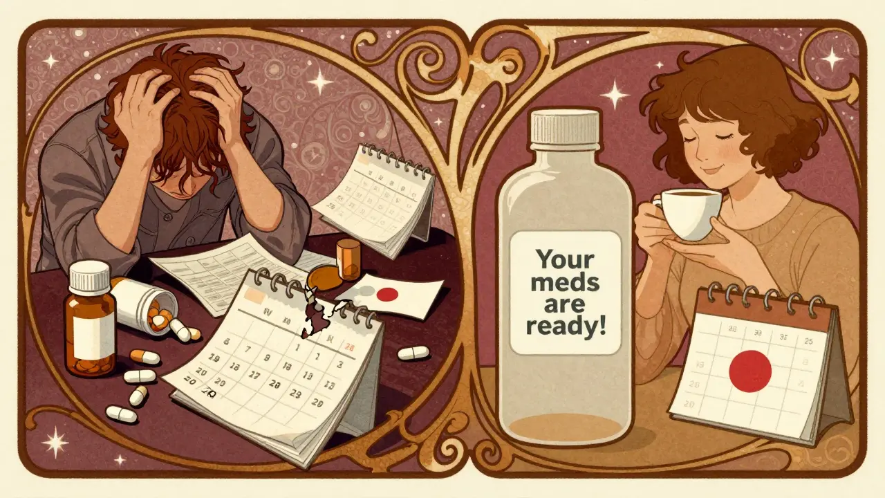 Split illustration: chaotic medication disarray transforms into calm harmony with one synced refill, framed by flowing Art Nouveau vines.