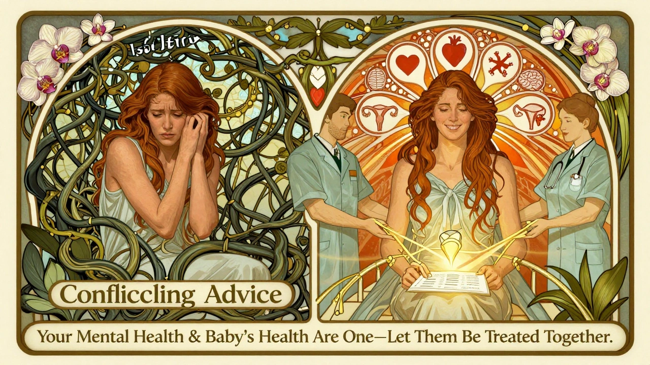 Split illustration showing isolation versus coordinated care for a pregnant woman, with ornate floral borders and a glowing checklist.