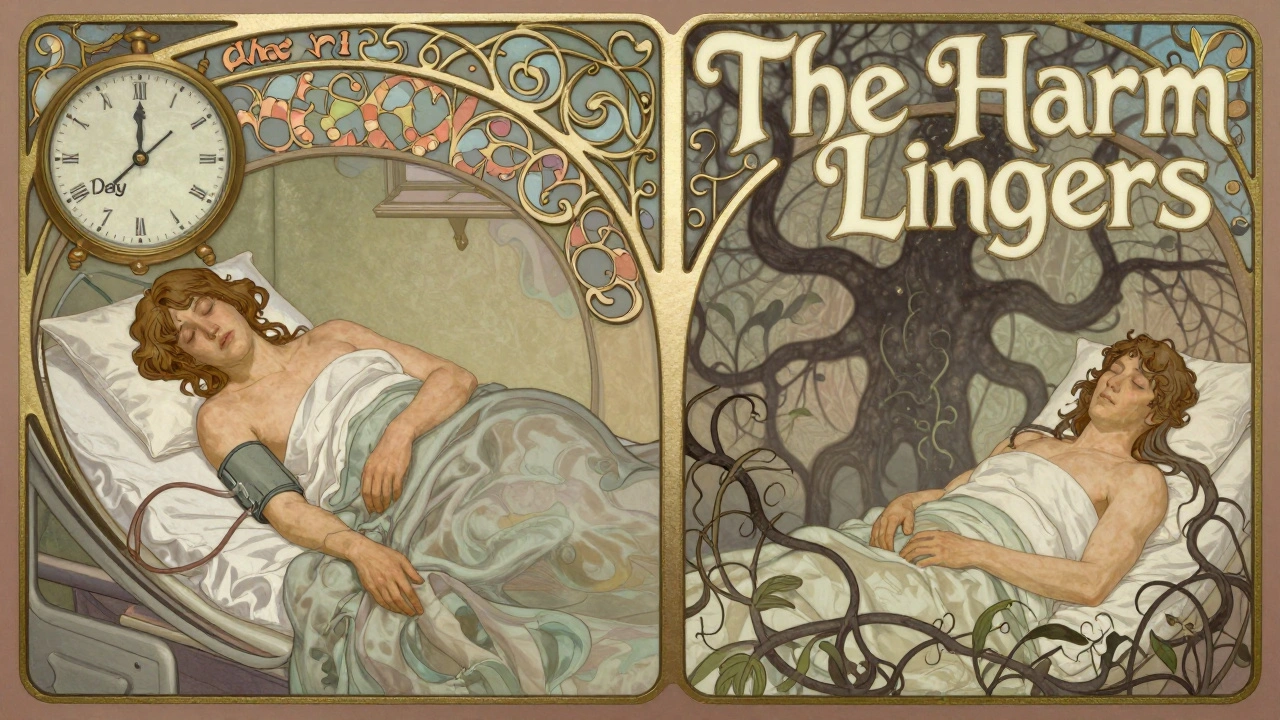 Split-panel image showing peaceful drug use and a delayed cancerous shadow, representing Type D adverse reactions in Art Nouveau design.