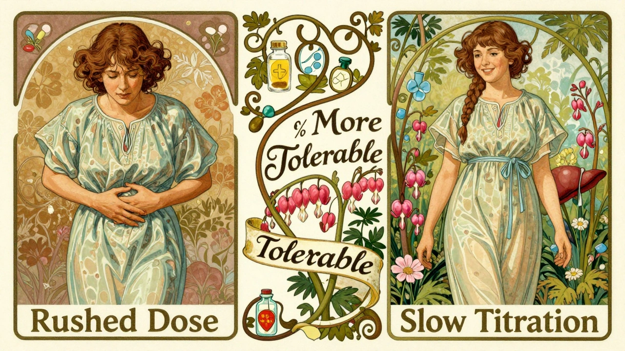 Two contrasting figures: one in distress, one calm, separated by a ribbon showing the benefit of slow titration over rushing dosage.