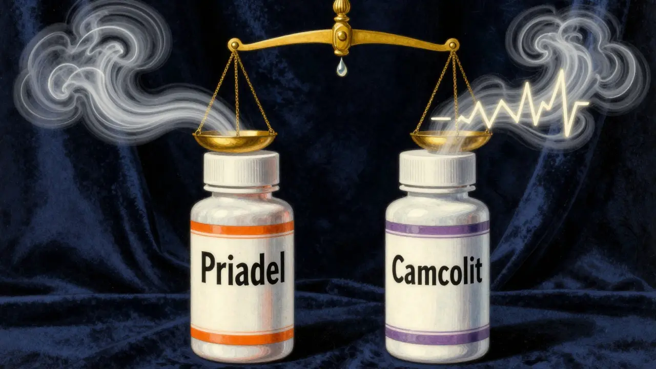 Two lithium pill bottles releasing different ion streams, balanced on a golden scale with ornate Art Nouveau design.