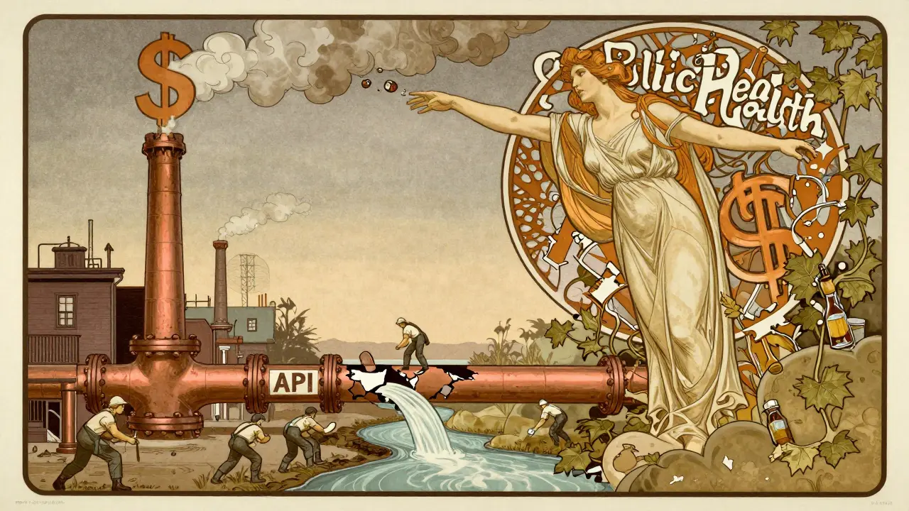 A factory chimney spews dollar-sign smoke as a single broken pipe feeds hospitals, while a figure of public health reaches out in despair.
