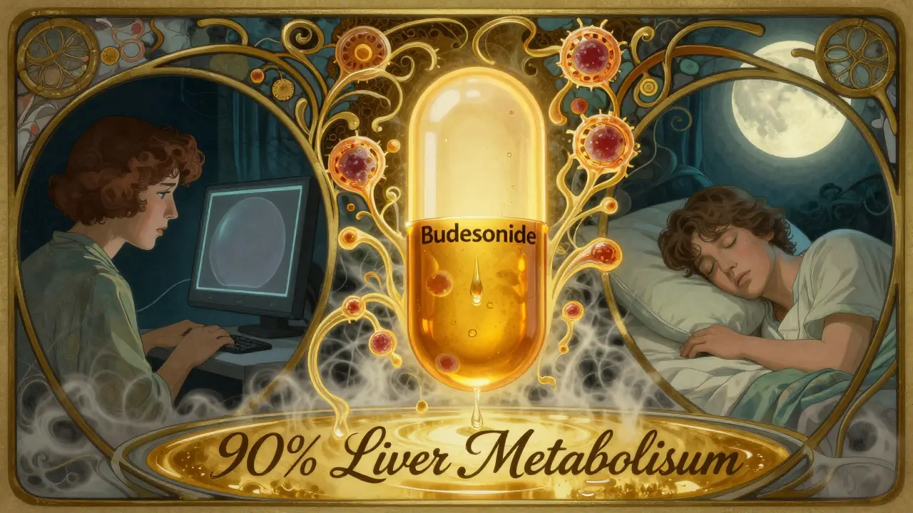 A golden budesonide capsule dissolving immune cells and collagen, with a patient sleeping peacefully beside it.