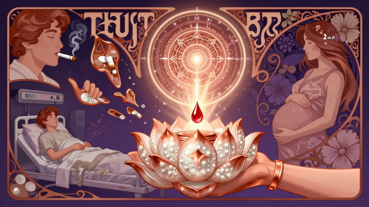 A lotus-shaped device turns a blood drop into a data mandala showing therapeutic ranges, with figures of vulnerable patients dissolving into floral patterns.