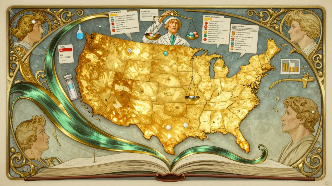 A medical atlas opens into a map of the U.S., showing states with NTI laws, as a doctor-pharmacist hybrid holds a balance scale.