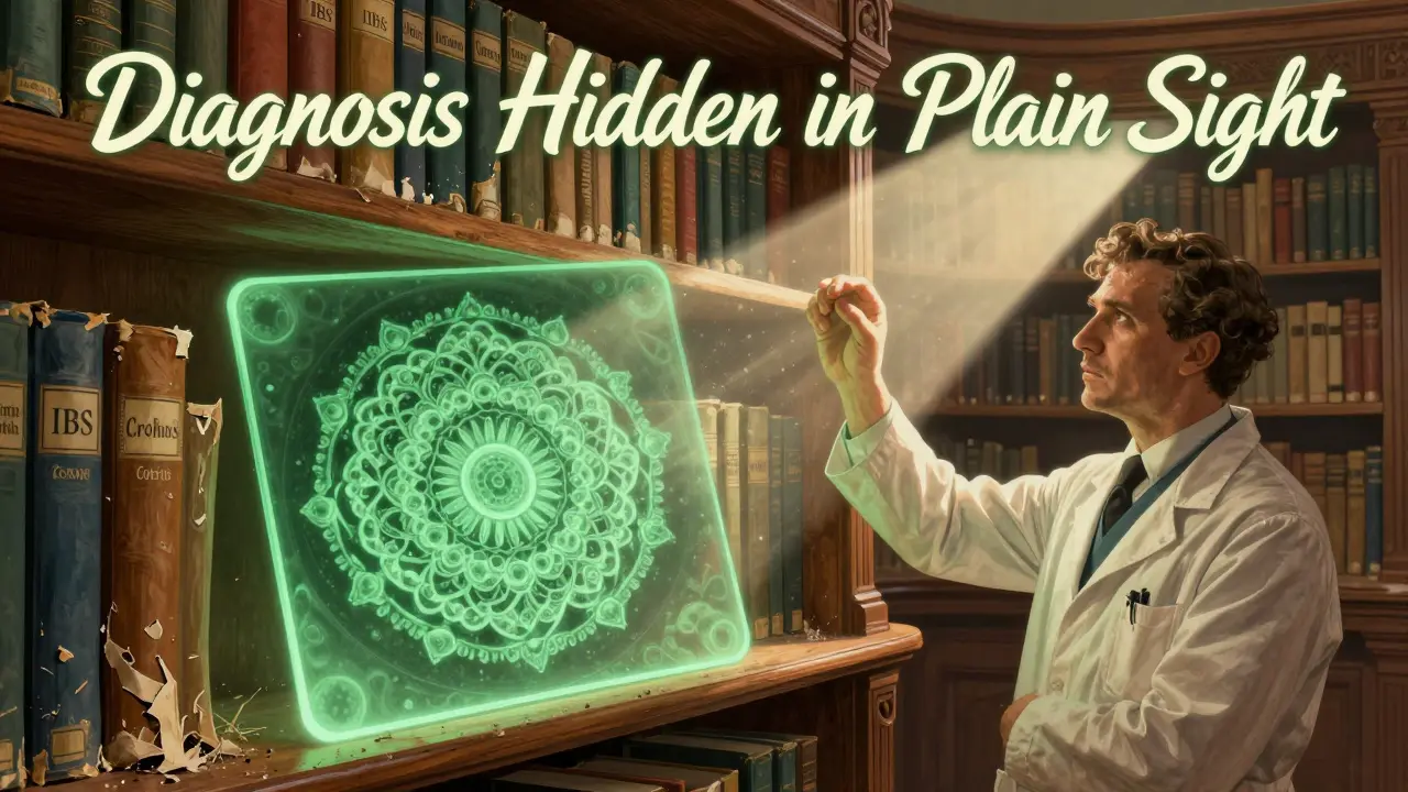 A medical library collapsing around a glowing biopsy slide revealing floral lymphocyte patterns.