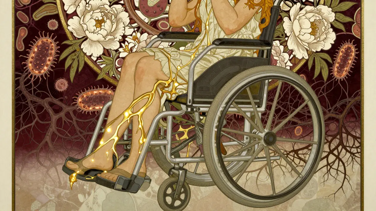A person rising from a wheelchair as golden nerve signals bloom like flowers, with infection roots fading into floral patterns.