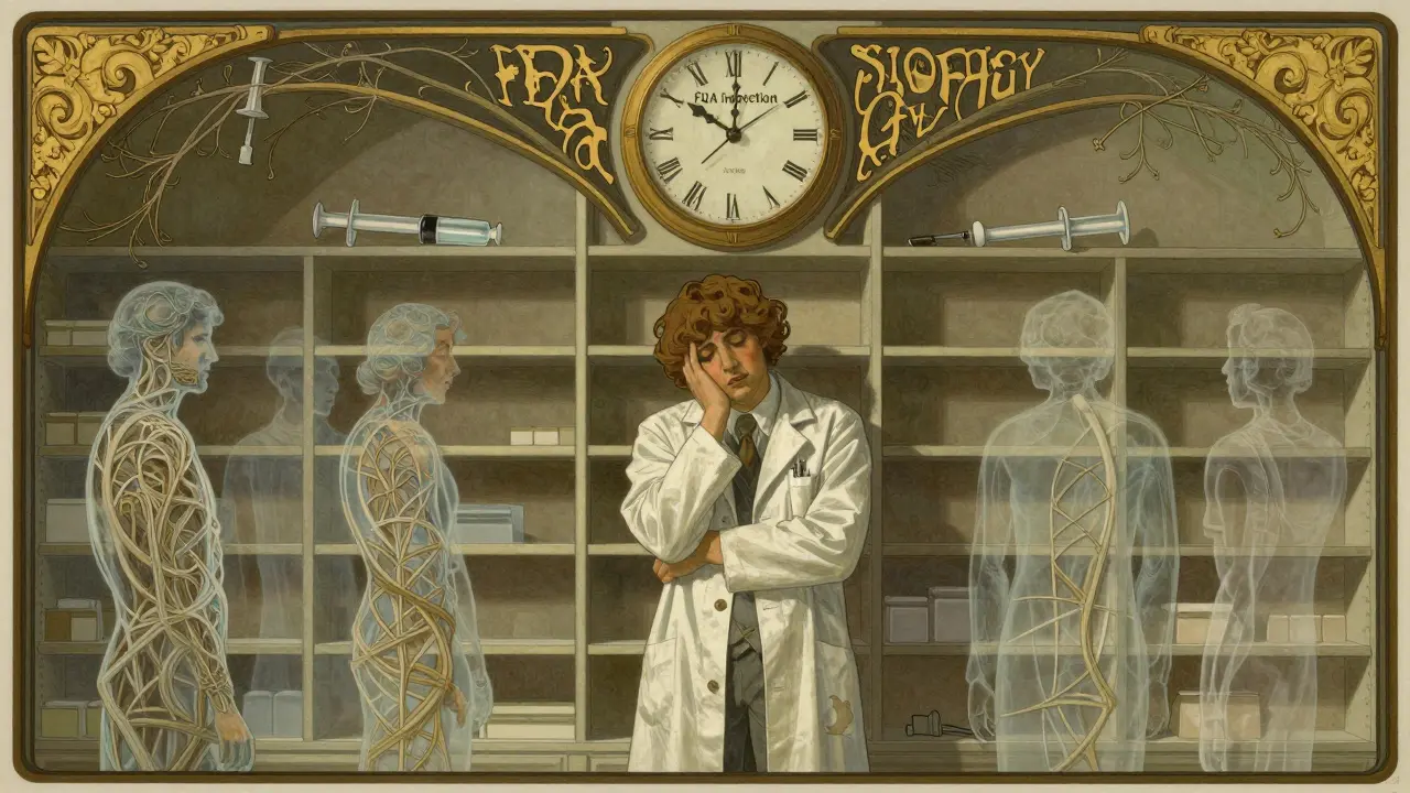 A pharmacist faces empty drug shelves, with patient silhouettes fading into vines and broken syringes, under a ticking clock.