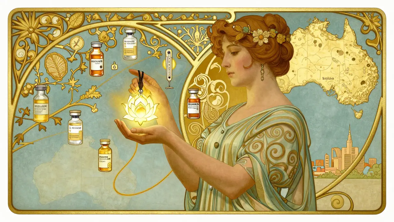 A pharmacist gives a traveler a lotus-shaped temperature logger, symbolizing careful medication monitoring.