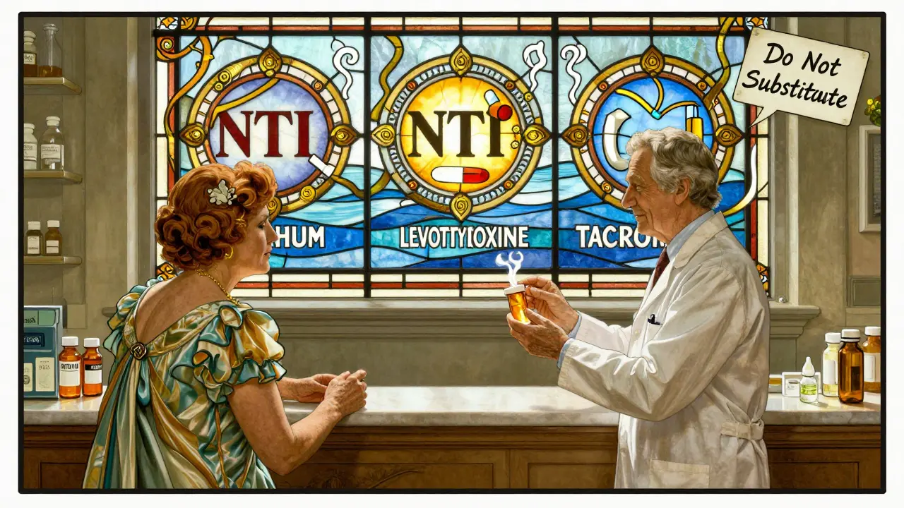A pharmacist hands a pill bottle to a patient, with NTI drug symbols glowing in a stained-glass window behind them.
