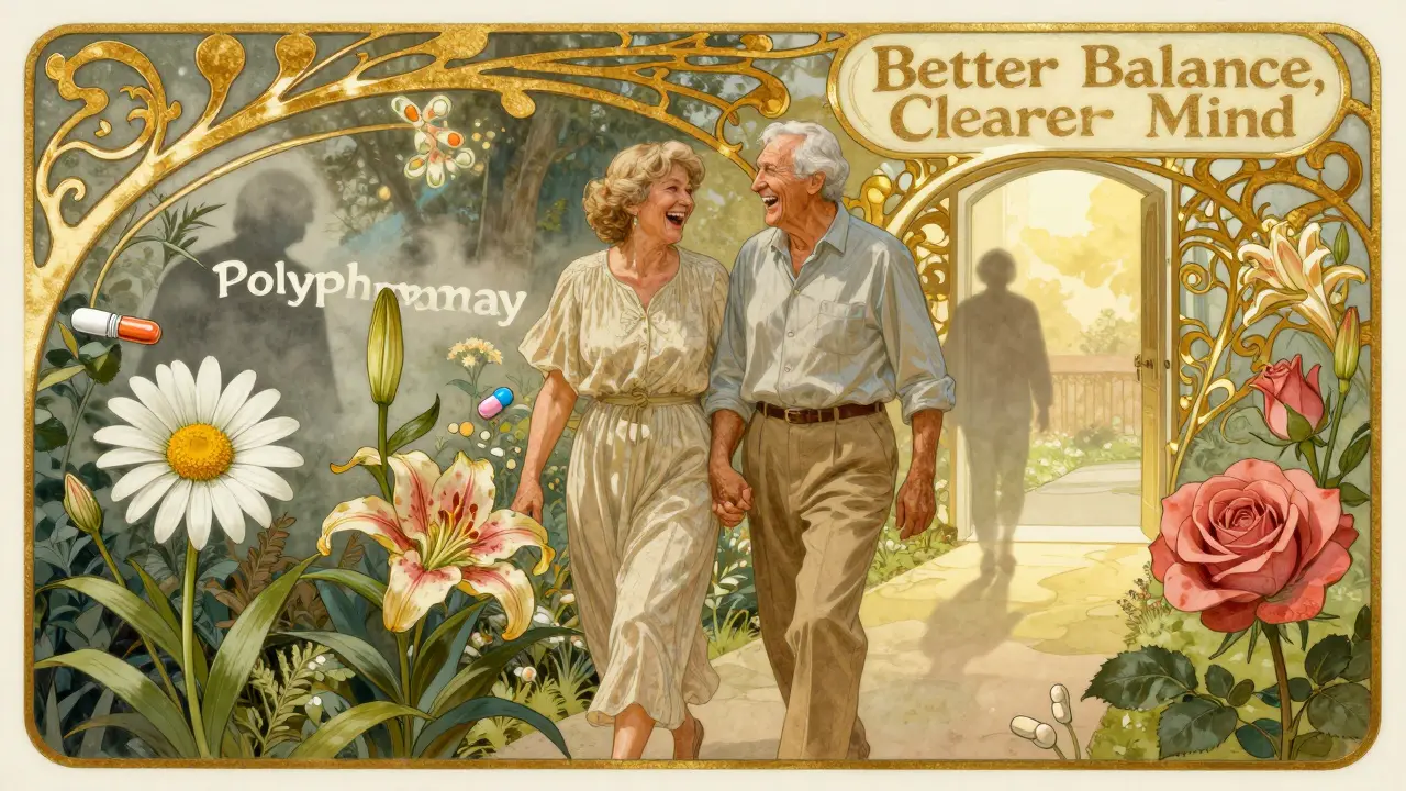 A senior couple walking through a garden where flowers bloom from stopped medications, leaving behind polypharmacy.