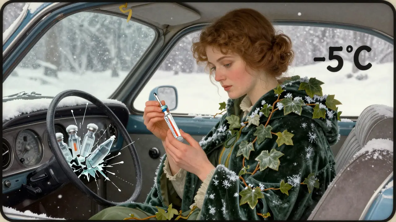 A woman wraps her insulin vial in a frosty, ivy-covered cloak, avoiding freezing temperatures in a car.