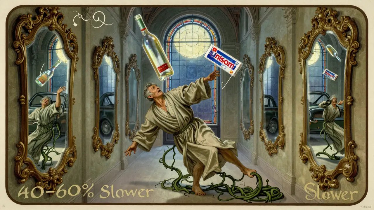 An elderly man stumbles past mirrors showing nightmares, haunted by spectral wine and sleep aid bottles wrapped in twisting vines.