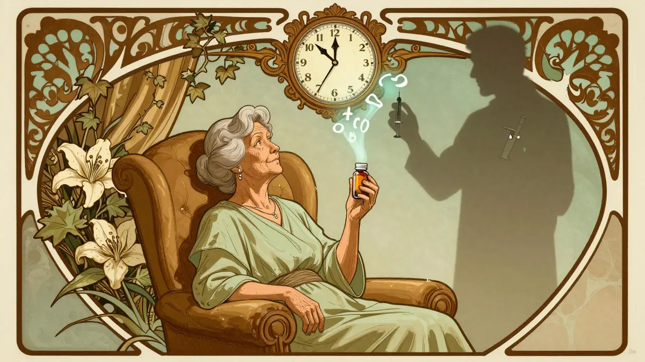 An elderly woman holds a pill bottle as floating numbers above her reveal changing theophylline levels, framed by ornate vines and a doctor's shadow.