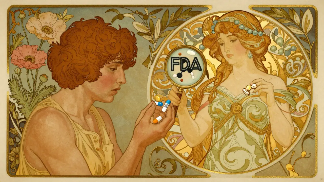 An FDA figure emerges from floral patterns, revealing identical medicine inside brand and generic pills, with gold filigree and warm lighting.