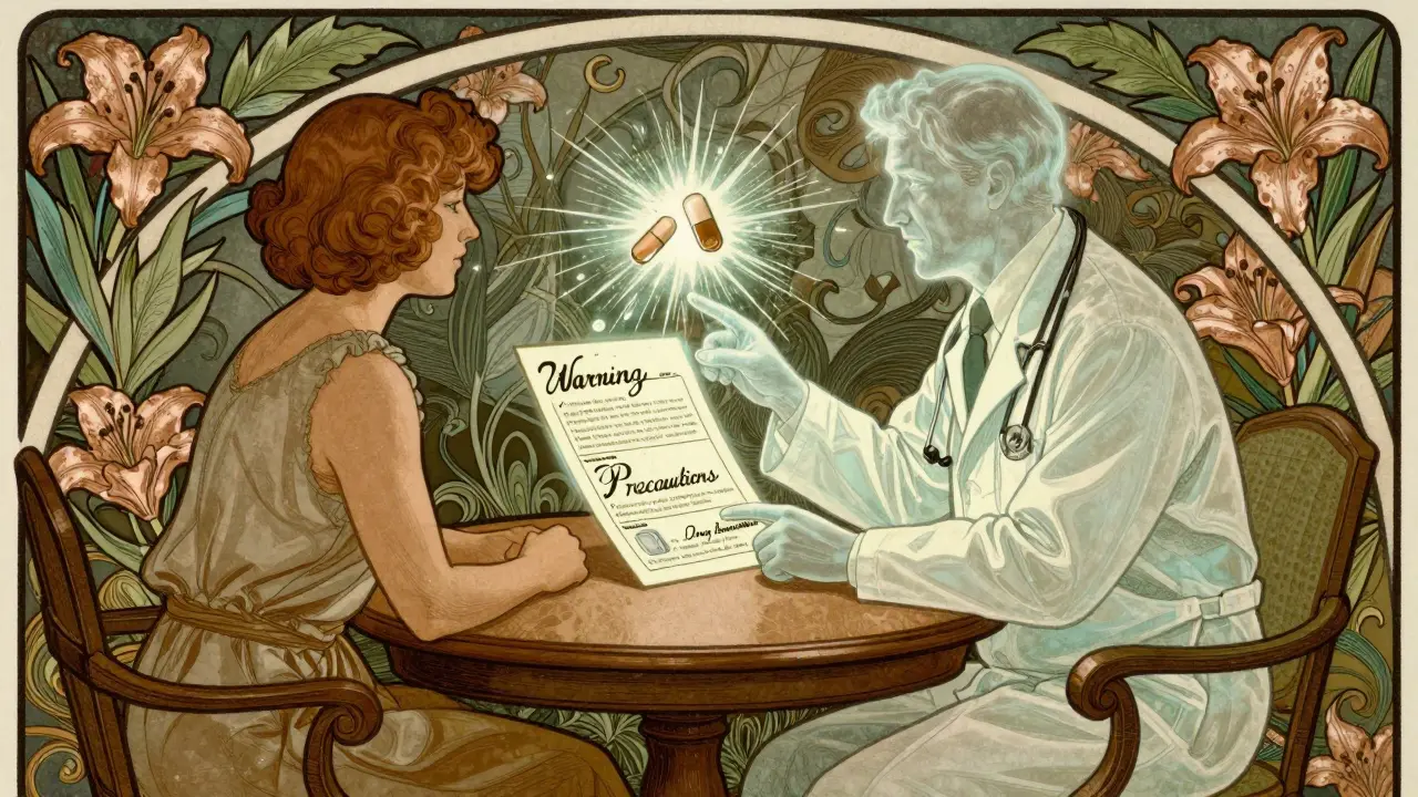 Doctor and patient reviewing a drug label with swirling organic patterns and a warning ghost above