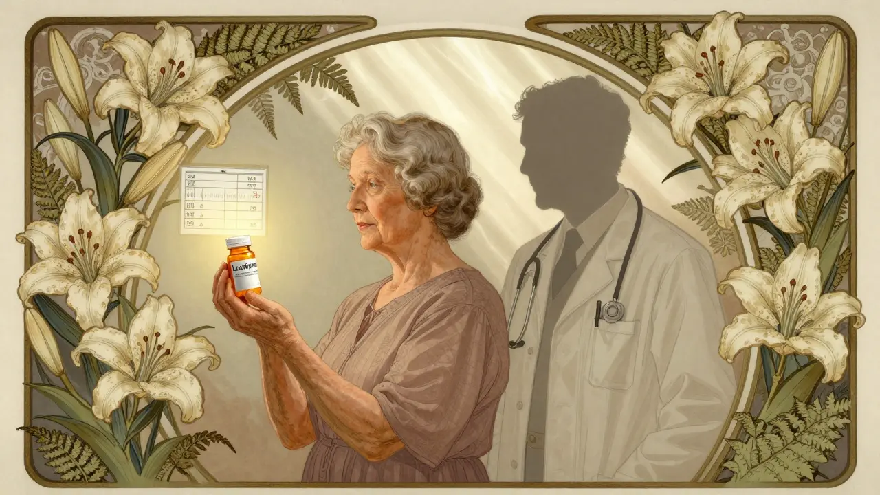 Elderly woman with doctor beside her, holding a glowing pill under a floral arch with medical data floating nearby.