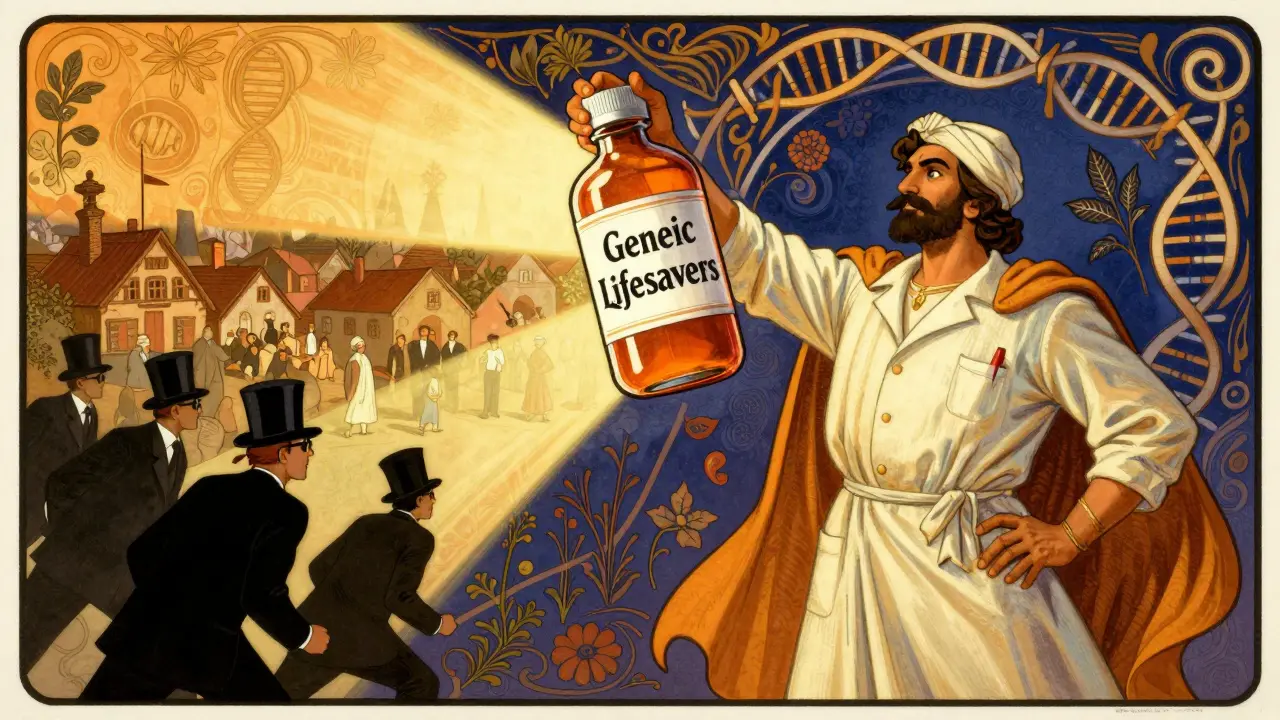 Heroic Indian pharmacist radiating hope with generic medicine vial, corporate lawyers retreating, ornate herbal and DNA patterns in background.