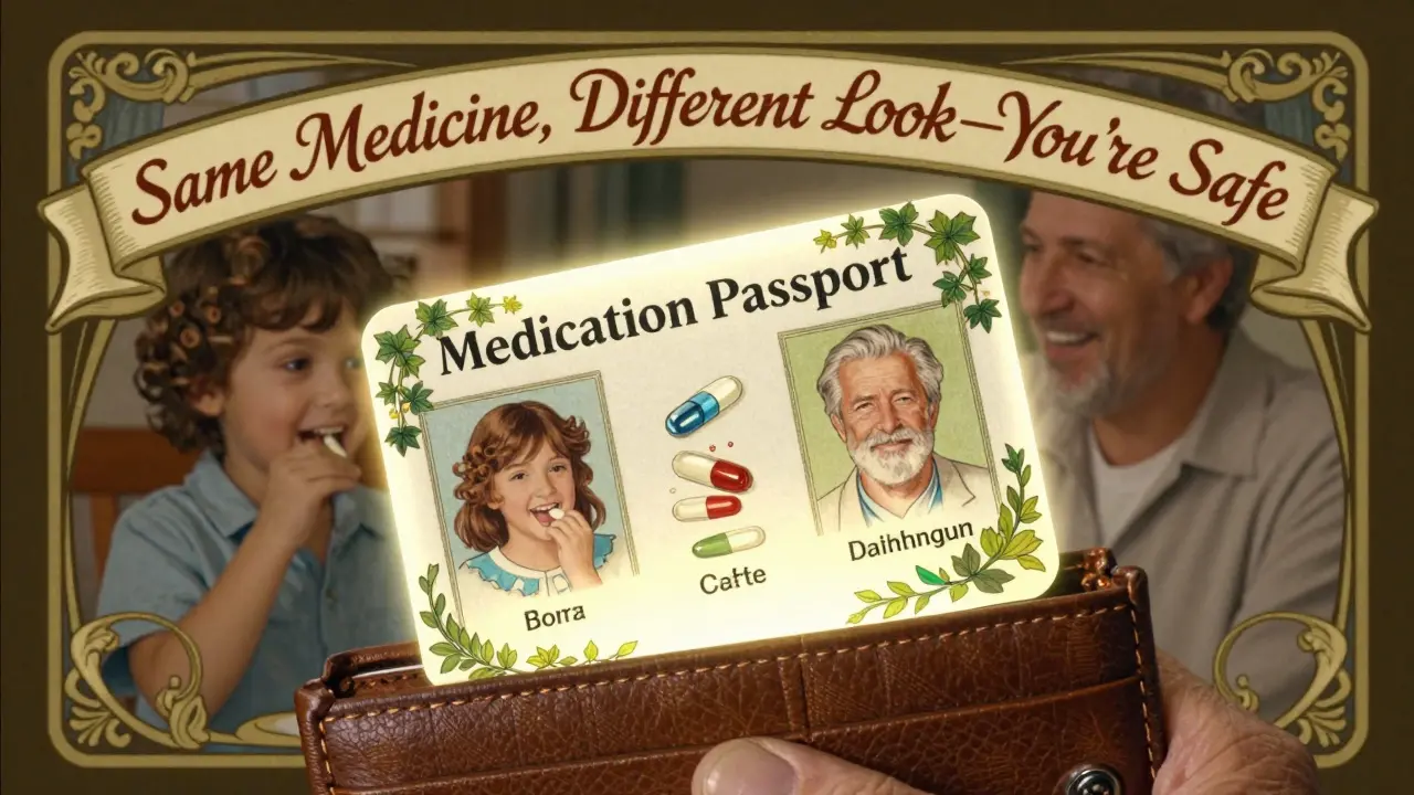 Medication passport card with illustrated pills hovers above wallet, child taking medicine happily beside parent.
