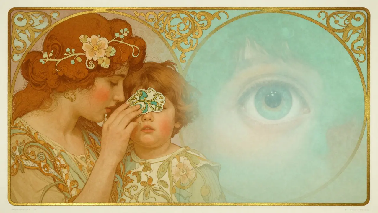 Mother applying a decorative patch as a faded eye fades beside them, soft pastel tones and organic lines.