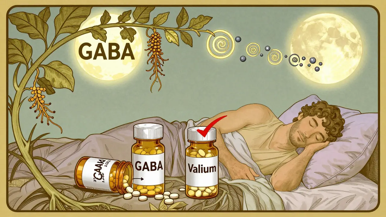 Night scene with a sleeping man, GABA molecules dissolving in his stomach while kava and melatonin vines threaten his brain.