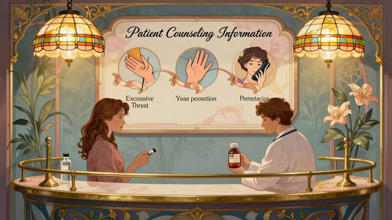 Patient at a decorative pharmacy counter with floating counseling symbols tied to ribbons