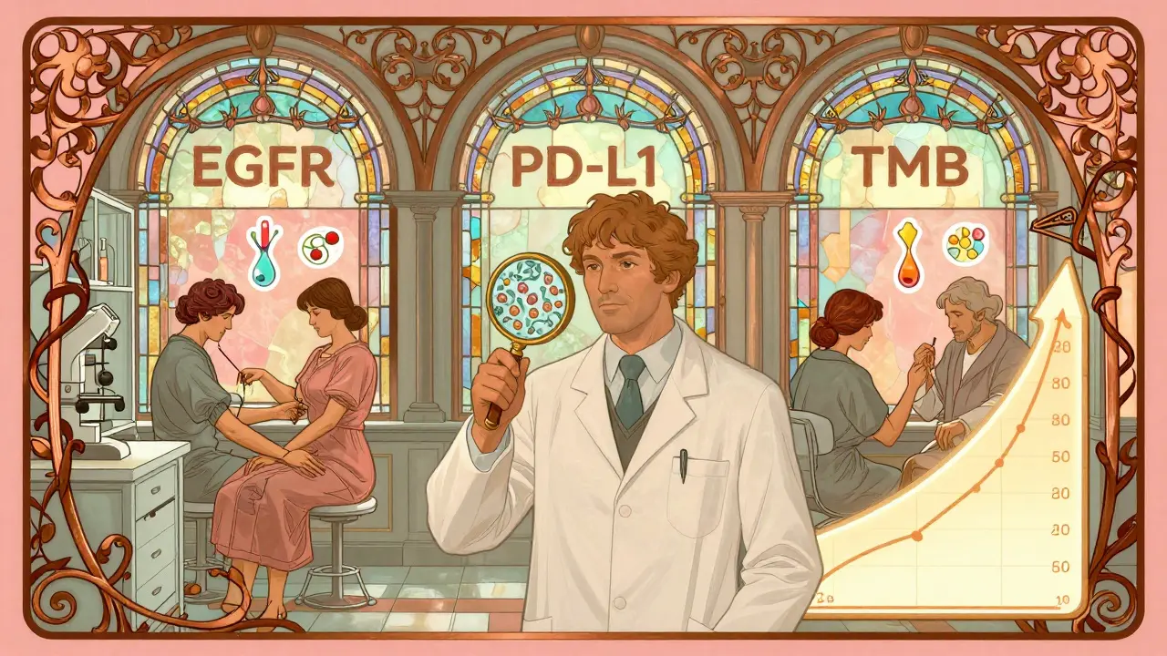 Patients in an ornate lab with floating biomarker icons and rising success rates depicted in vintage poster style.