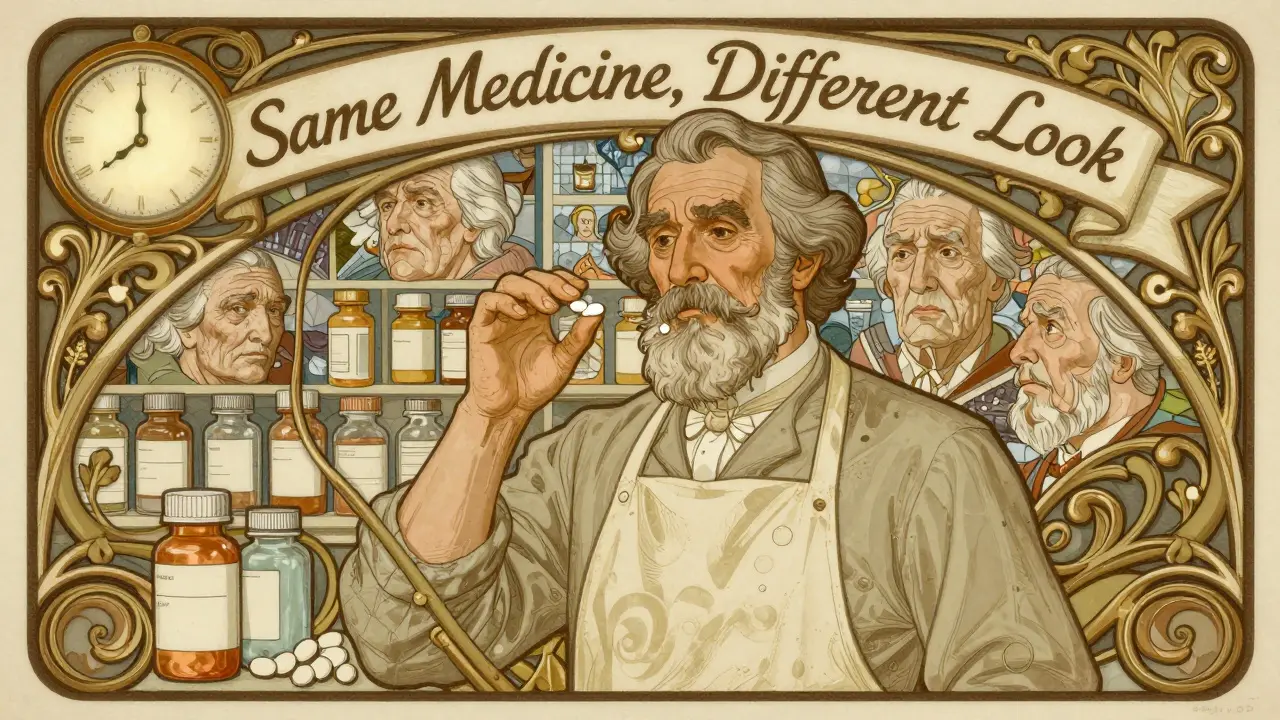 Pharmacist holding two pills surrounded by ornate vines and mosaic faces of seniors in Art Nouveau style.