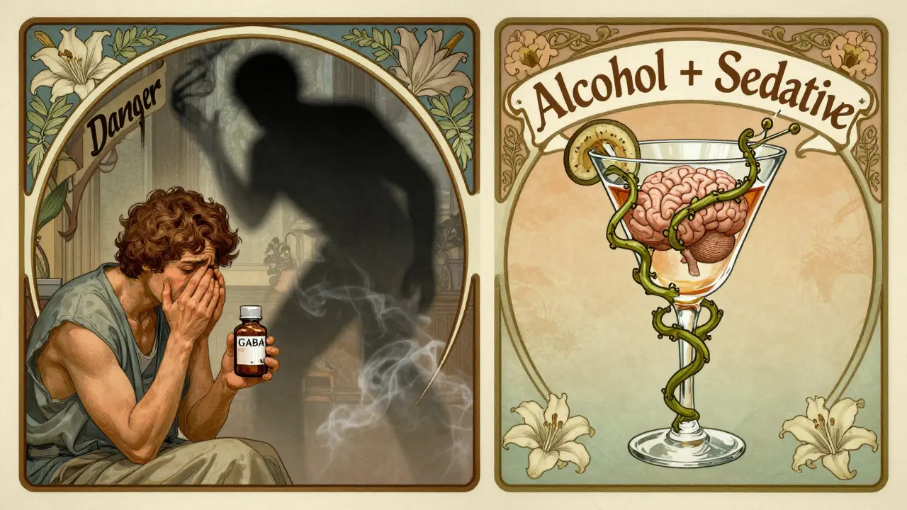 Split-panel poster showing GABA as harmless and alcohol-sedative mix as dangerous, framed in ornate botanical art.