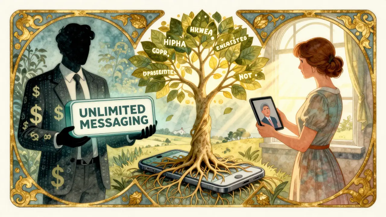 Split scene: a tech CEO holding a subscription button on one side, a woman in rural Australia video-calling a therapist on the other, connected by a tree growing from a phone.