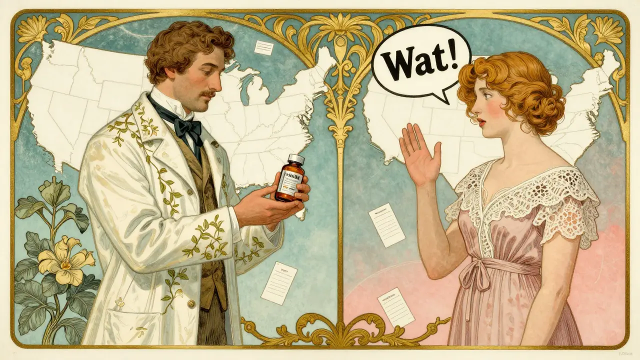 Split scene: pharmacist substituting generic vs. patient requesting consent, framed by state outlines and gold filigree.