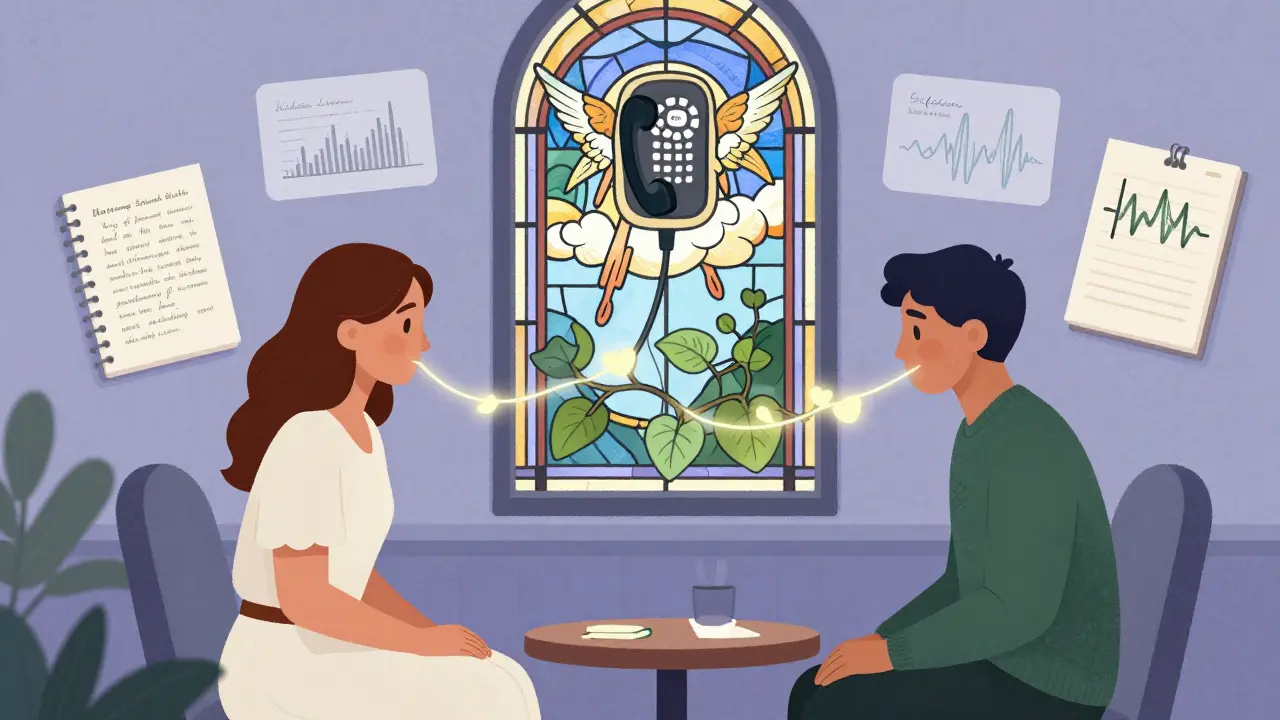 Therapist and client connected by glowing vines and heart-shaped leaves, with floating mood data and a stained-glass window showing a crisis helpline phone ringing.