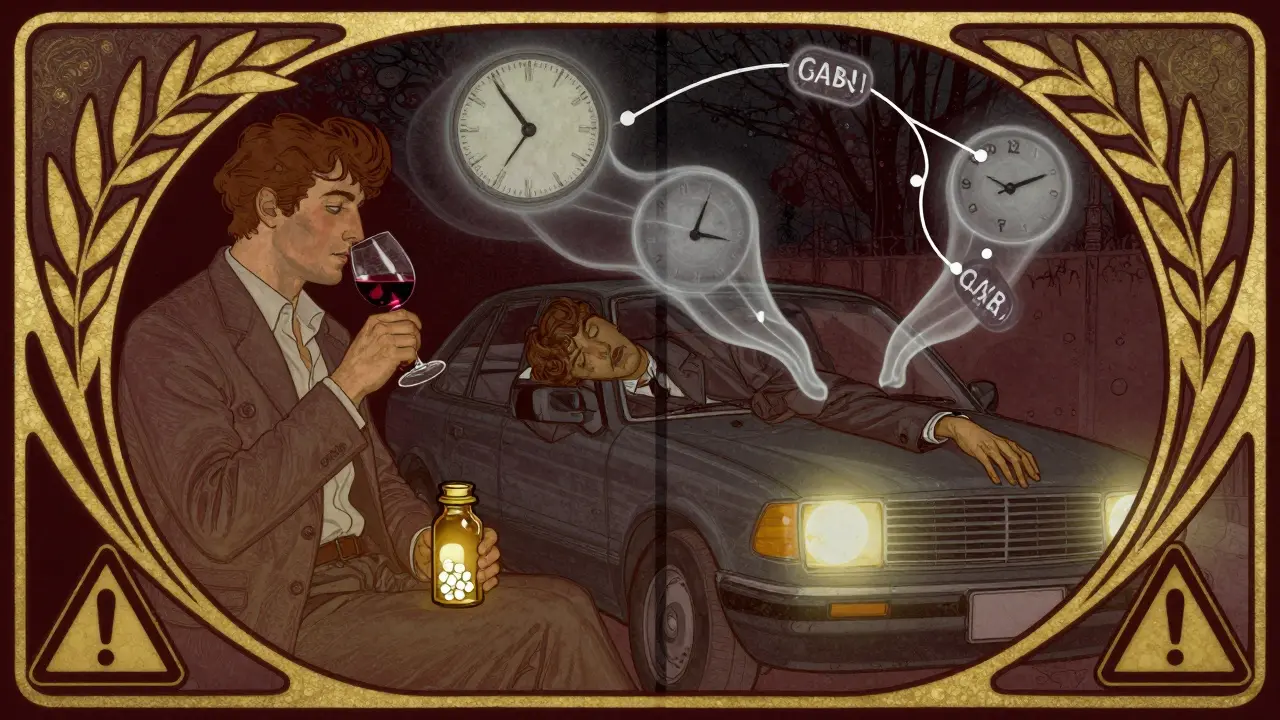 Two men illustrated in Art Nouveau style: one calm with alcohol and pills, the other collapsed in a car, with glowing brain molecules connecting them.