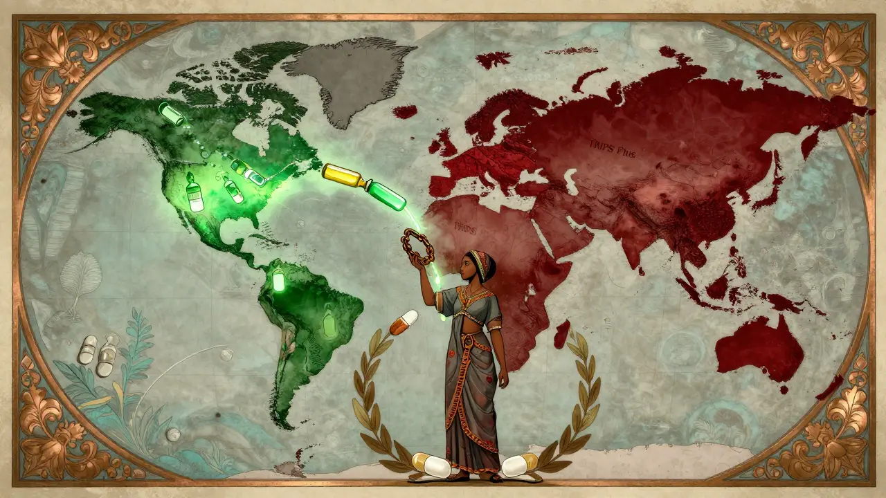 World map split between free medicine and TRIPS Plus chains, a woman breaking chains with pill-shaped laurels, earthy and copper tones.
