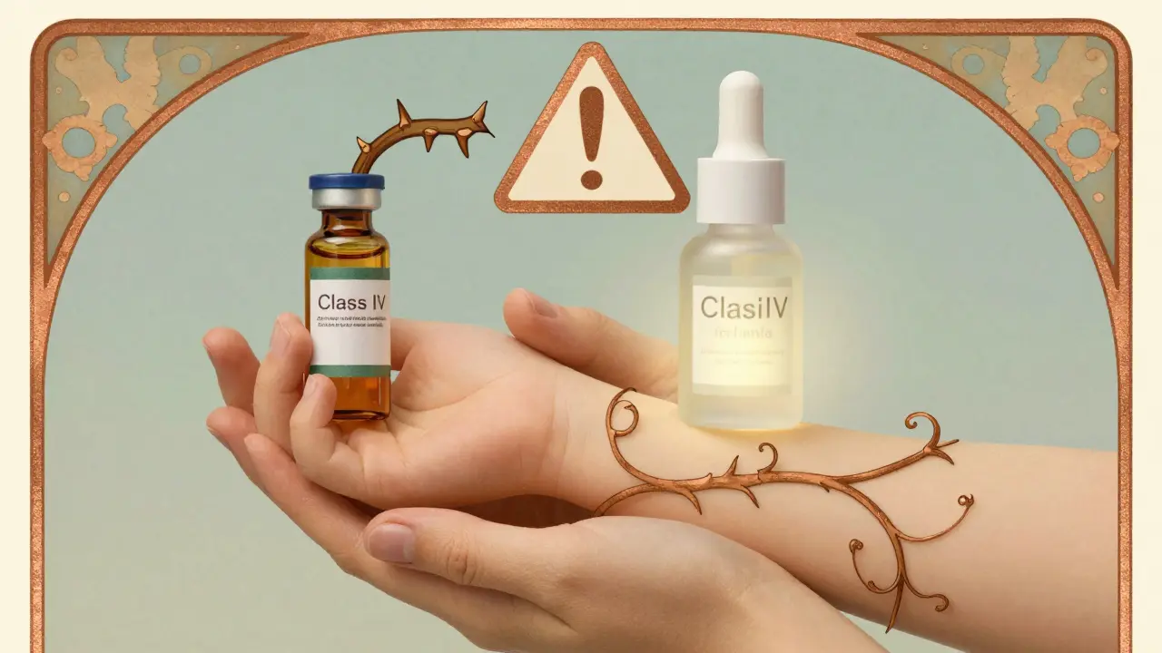 A child's arm being cared for, with a warning vine and gentle cream bottle, illustrated in elegant Art Nouveau design.