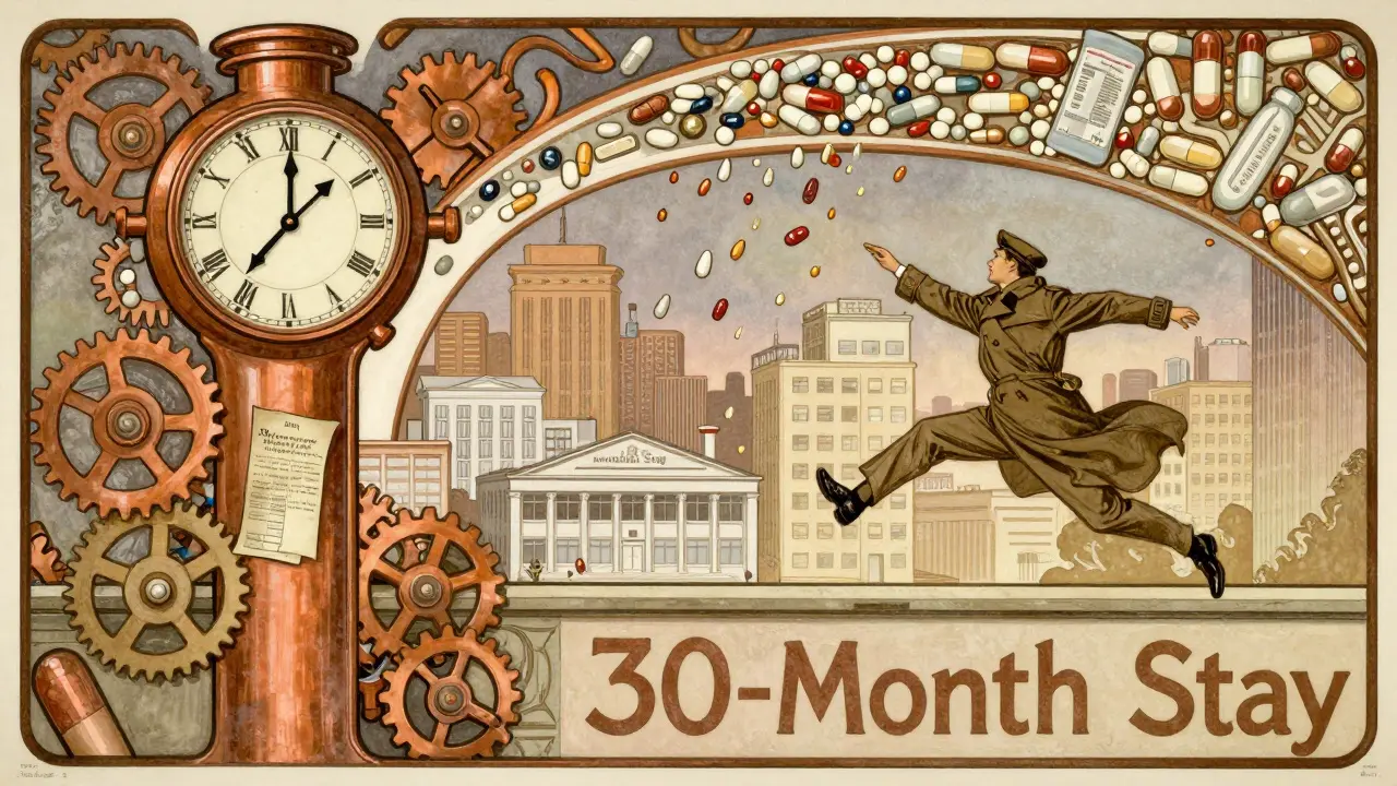 A clock with pill-shaped gears counts down as a generic manufacturer leaps over a '30-Month Stay' wall, with medications raining down in Art Nouveau style.