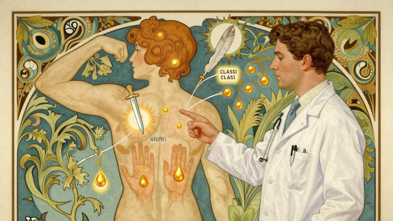A dermatologist explains a body map with zone-specific steroid symbols, golden fingertip units flowing from a tube, in Art Nouveau style.