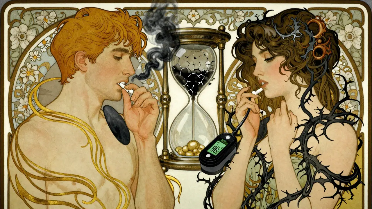 A man and woman taking opioids and benzodiazepines, with dark vines choking their lungs as a pulse oximeter shows a false safe reading.