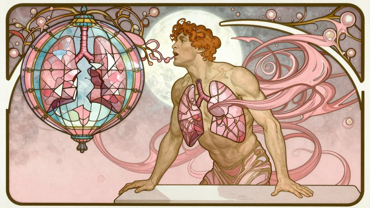 A man with a barrel chest and stained-glass lungs, exhaling pink oxygen spirals, representing emphysema in Art Nouveau style.