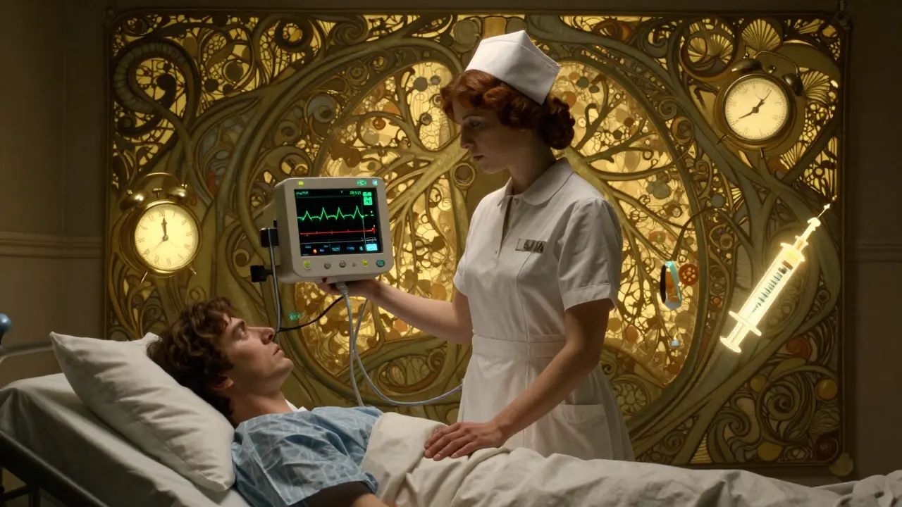 A nurse monitors a patient with capnography, surrounded by symbols of overlooked danger and the lifesaving power of vigilance.