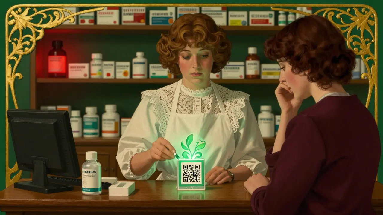 A pharmacist guides a customer to scan a QR code on medicine packaging, with glowing vines and detailed interior decor.