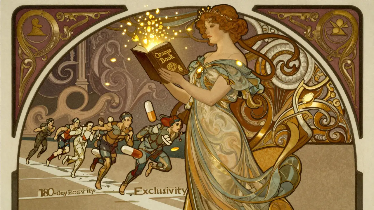 A woman holding the 'Orange Book' as golden patent symbols float above, with generic capsules racing toward exclusivity in curving Art Nouveau lines.