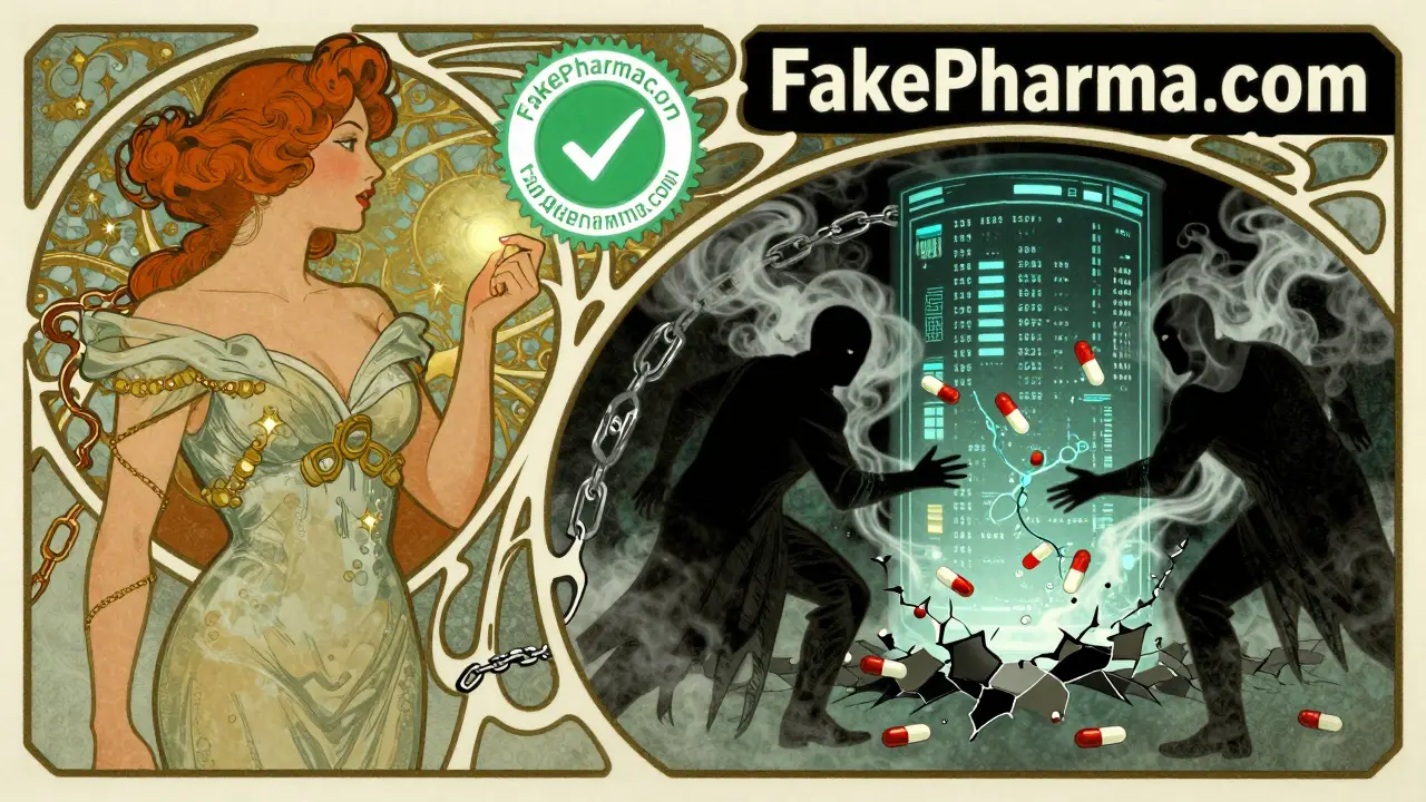 A woman reports counterfeit medicine while shadowy figures smuggle fake drugs through a digital portal, framed by flowing Art Nouveau lines.
