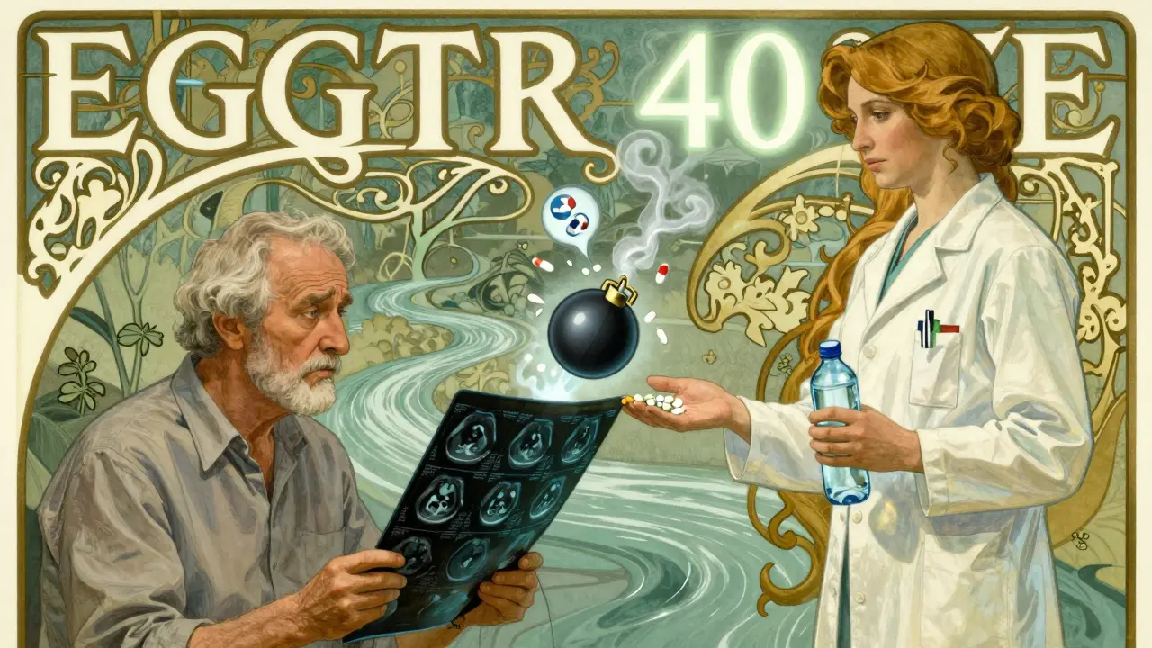 An elderly patient receiving safe pain relief and hydration while dangerous drugs dissolve into smoke.